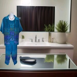 3-PC Pant Suit 2X Teal All Over Print Button Top Tank Pants Fully Lined Artsy